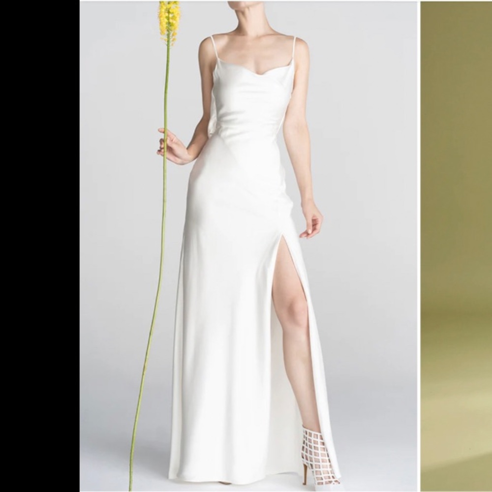 Zapaka white long satin dress, leg slit, open back, cowneck neckline